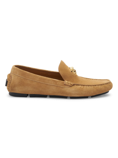 Shop Versace Men's Suede Driver Loafers In Sand