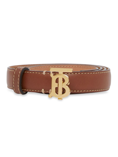 Shop Burberry Monogram Buckle Topstitched Leather Belt In Tan Light Gold