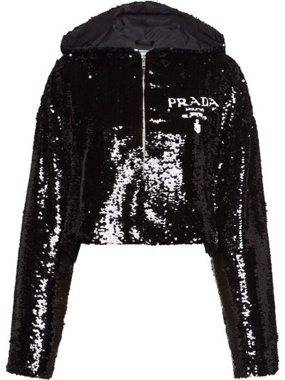 Shop Prada Sequin-embellished Logo Cropped Hoodie In Schwarz