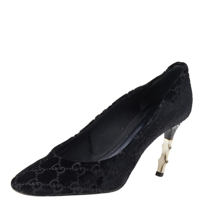 Pre-owned Gucci Black Gg Velvet Bamboo Pumps Size 39