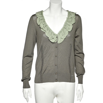 Pre-owned Fendi Green Wool & Silk Ruffle Neck Cardigan L