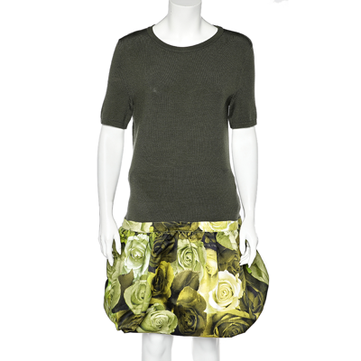 Pre-owned Moschino Green Wool Knit Floral Printed Ruffle Hem Mini Dress L