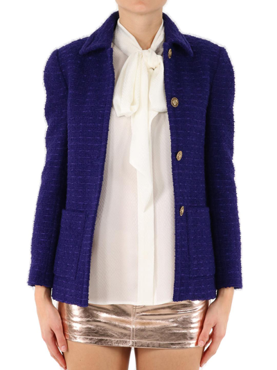 Shop Saint Laurent Tweed Buttoned Jacket In Blue