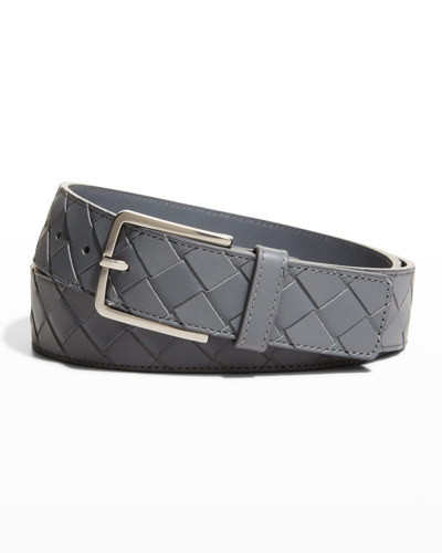 Shop Bottega Veneta Men's Cintura Intrecciato Leather Belt In Argento