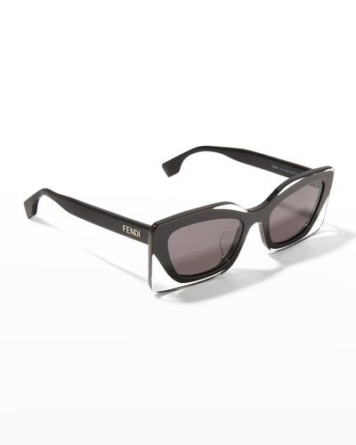 Shop Fendi Clear Rectangle Acetate Sunglasses In 01a Black