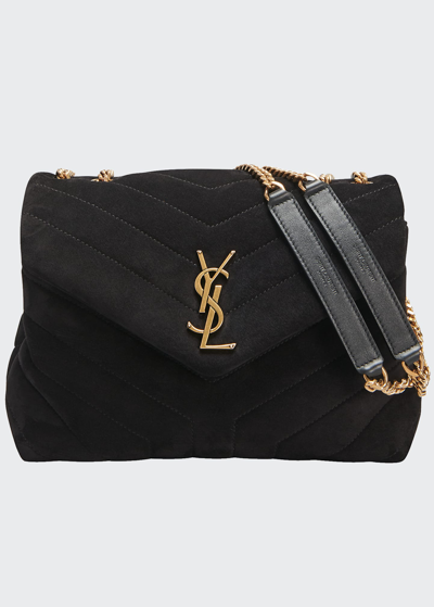 Shop Saint Laurent Loulou Small Monogram Ysl Suede V-flap Shoulder Bag In Black