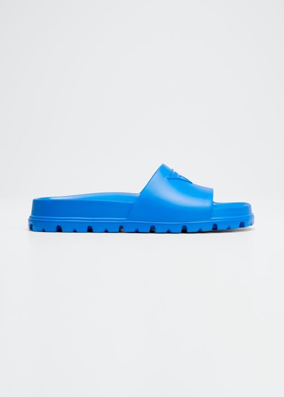 Shop Prada Rubber Logo Pool Sandals In Azzurro