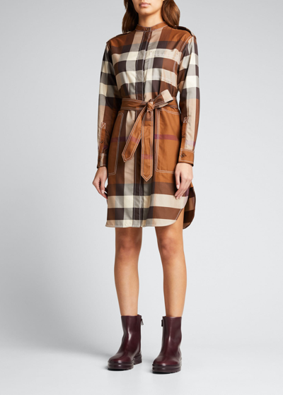 Shop Burberry Aurelia Check-print Belted Shirtdress In Dark Birch Brown