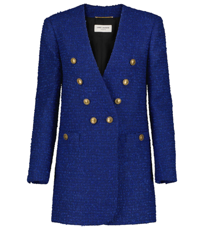 Shop Saint Laurent Tweed Blazer In Blue