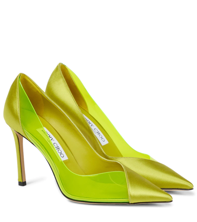 Shop Jimmy Choo Cass 95 Satin And Pvc Pumps In Lime/neon Yellow