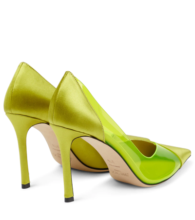 Shop Jimmy Choo Cass 95 Satin And Pvc Pumps In Lime/neon Yellow