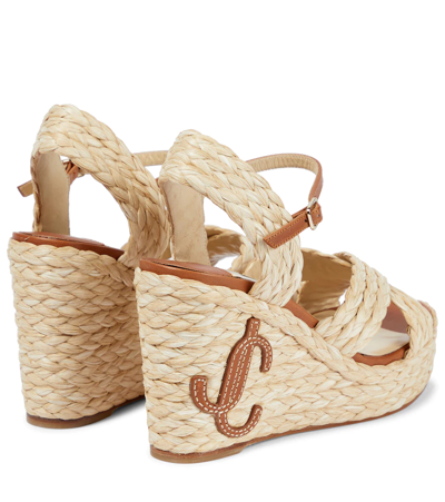 Shop Jimmy Choo Dellena 100 Raffia Wedge Sandals In Natural/cuoio