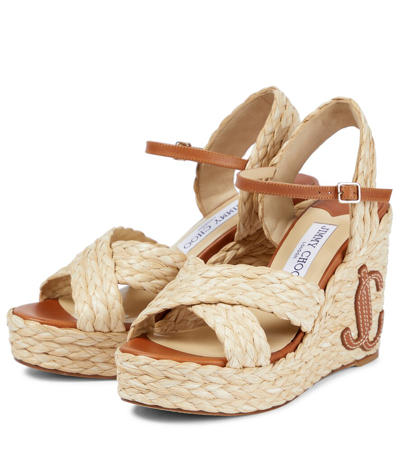 Shop Jimmy Choo Dellena 100 Raffia Wedge Sandals In Natural/cuoio