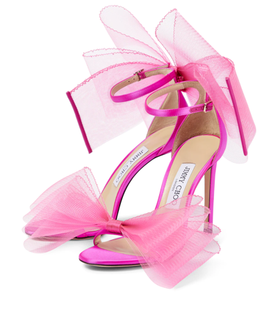 Jimmy Choo Aveline 100 Bow-detailed Satin Sandals In Fuchsia/fuchsia