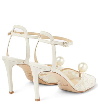 Shop Jimmy Choo Sacora 85 Leather And Lace Sandals In Ivory/white