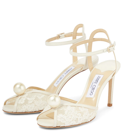 Shop Jimmy Choo Sacora 85 Leather And Lace Sandals In Ivory/white