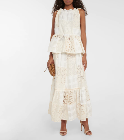 Shop Zimmermann Andie Cotton-blend Midi Skirt In Patchwork Lace