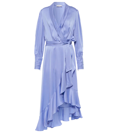 Shop Zimmermann Wrap Silk Satin Midi Dress In Cornflower