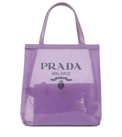Prada Logo Sequined Tote In Lilium