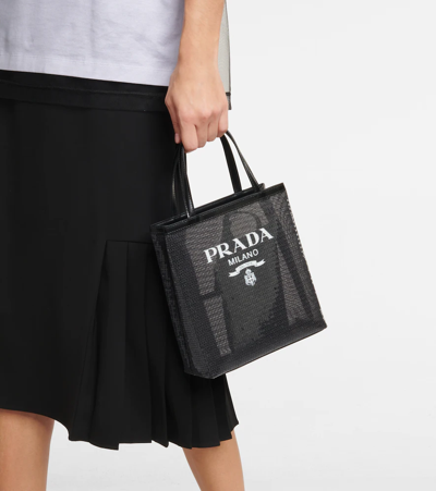 Prada Small Sequined Mesh Tote Bag In Nero