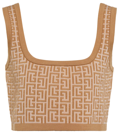 Shop Balmain Monogram Jacquard Crop Top In Nude Clair/sable