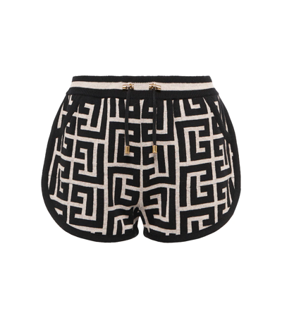 Shop Balmain Monogram Wool-blend Shorts In Ivoire/noir