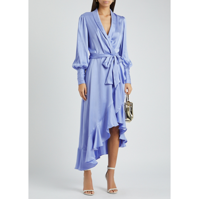 Shop Zimmermann Blue Silk-satin Midi Wrap Dress