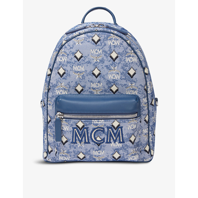 Shop Mcm Mens Blue Logo-print Jacquard Backpack