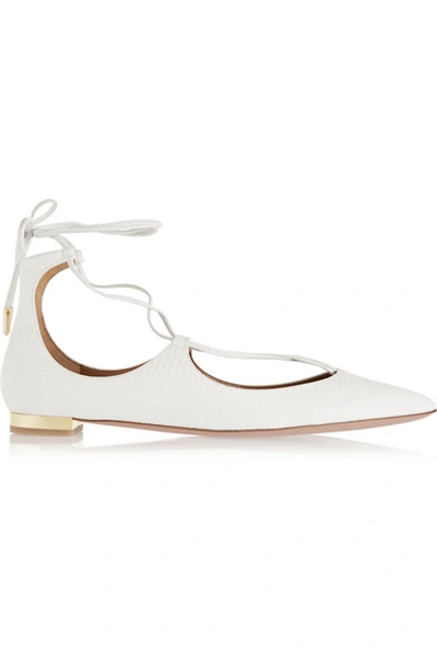 Shop Aquazzura Christy Lizard-effect Leather Point-toe Flats