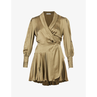 Shop Zimmermann Ruffled Silk-satin Wrap Mini Dress In Khaki