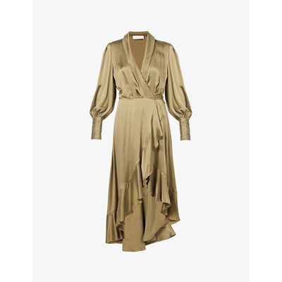 Shop Zimmermann Ruffled Silk-satin Wrap Midi Dress In Khaki