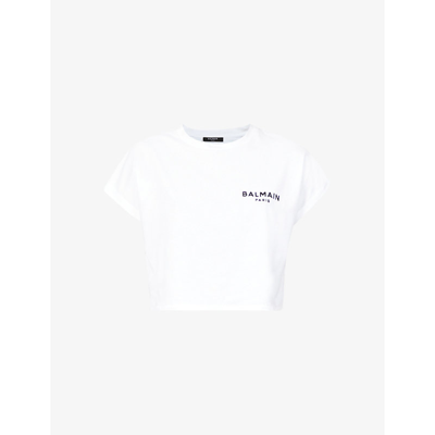 Shop Balmain Women's Blanc/noir Logo-print Cropped Cotton-jersey T-shirt