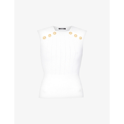 Shop Balmain Button-embellished Sleeveless Stretch-woven Top In Blanc