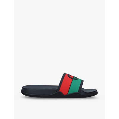 Shop Gucci Mens Blk/other Agrado Web Stripe-pattern Rubber Sliders 6