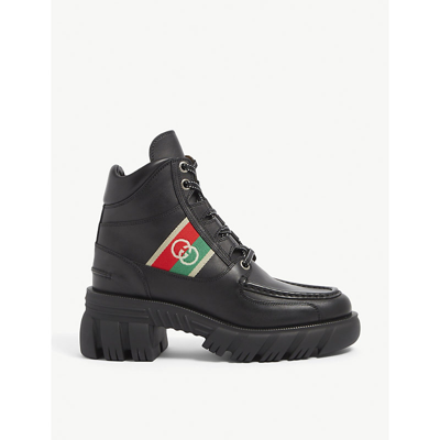 Shop Gucci Romance Gg Web-stripe Leather Boots In Blk/other
