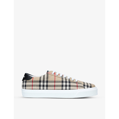 Shop Burberry Men's Beige Rangleton Checked Leather Low-top Trainers