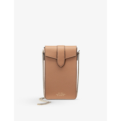 Shop Smythson Panama Cross-grain Leather Phone Case On Chain In Light Rosewood