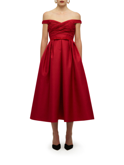 Shop Self-portrait Textured Off Shoulder Midi Dress In Red