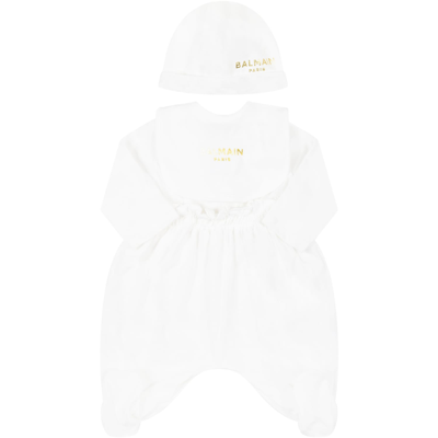 Shop Balmain White Set For Baby Girl With Golden Logo