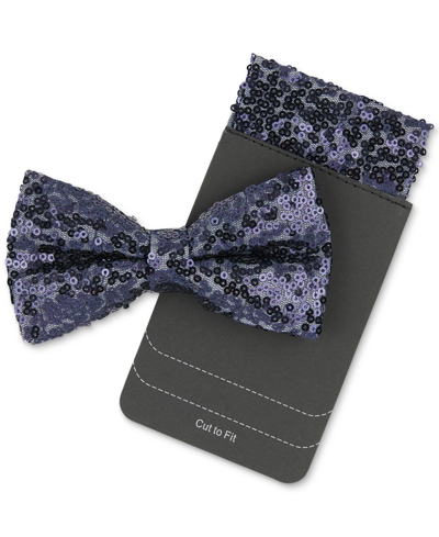 Shop Tallia Men's Sequins Bow Tie & Pocket Square Set In Navy