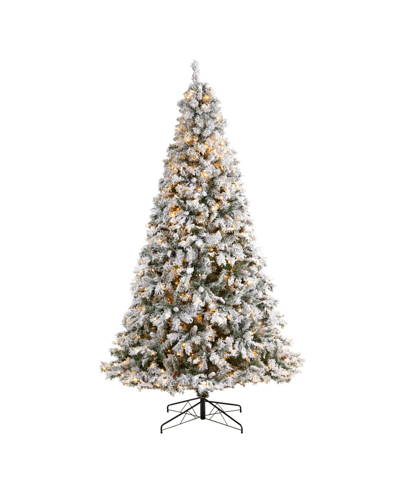 Nearly Natural Flocked River Mountain Pine Artificial Christmas Tree With Pinecones And 650 Clear Led Lights, 9' In Green