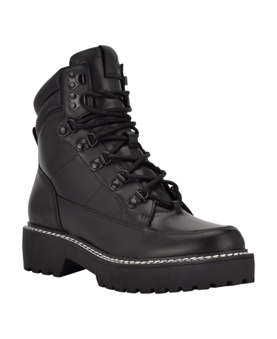 Shop Calvin Klein Women's Shania Lace Up Lug Sole Hiker Boots In Black- Leather
