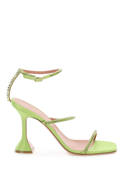 Amina Muaddi Silk Satin Gilda Sandals In Green | ModeSens