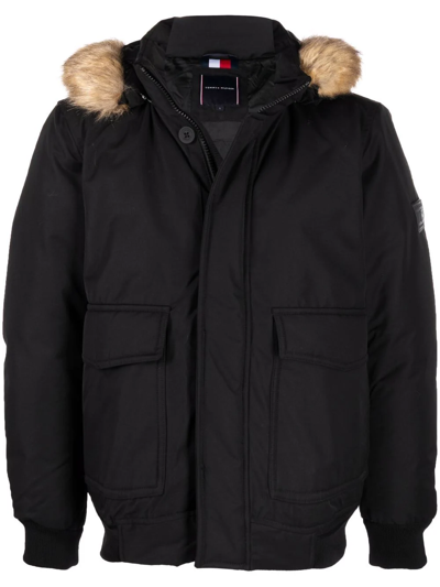 Tommy jeans technical quilted bomber jacket faux fur trim hood in clearance black