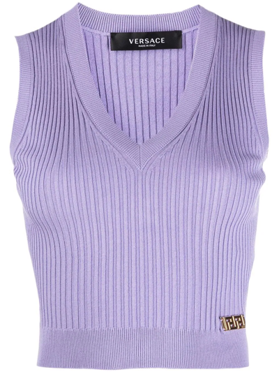 Shop Versace La Greca Plaque Knitted Vest In Purple