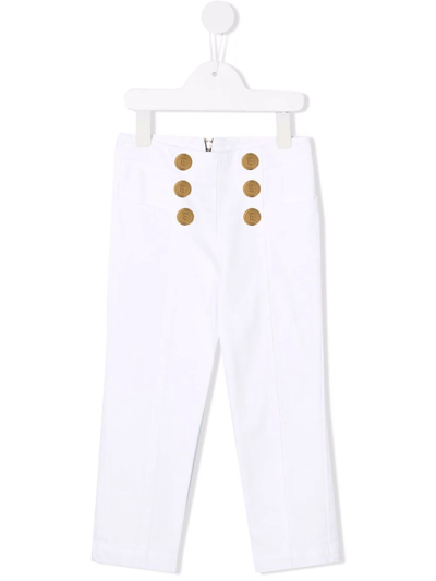 Shop Balmain Embossed-button Denim Trousers In White