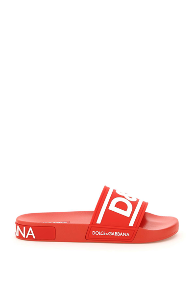 Shop Dolce & Gabbana Logo Rubber Sliders In Rosso Bianco (red)