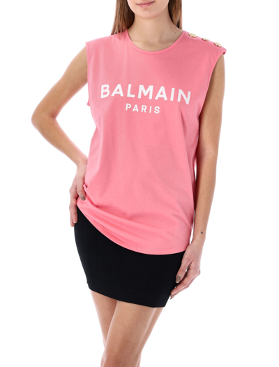 Shop Balmain 3-buttons Logo Tank Top In Rose Salmon