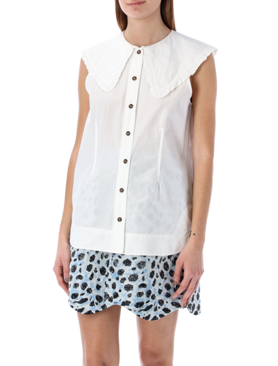 Shop Ganni Poplin Sleeve-less Shirt In White