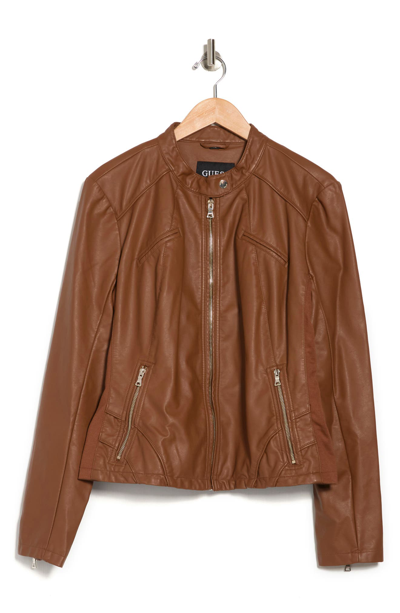 Shop Guess Faux Leather Racer Jacket In Cognac